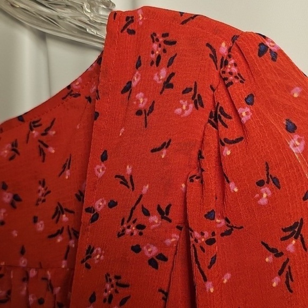 Free People Womens Tied Square Keyhole Neckline Red Floral Polyester Blouse M - Picture 5 of 8